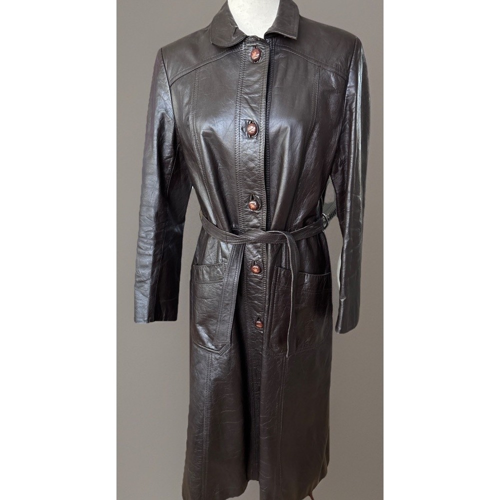 VTG Retro Dark Brown Leather Trench Coat Belt Liner Thin Shoulder Pads  MED